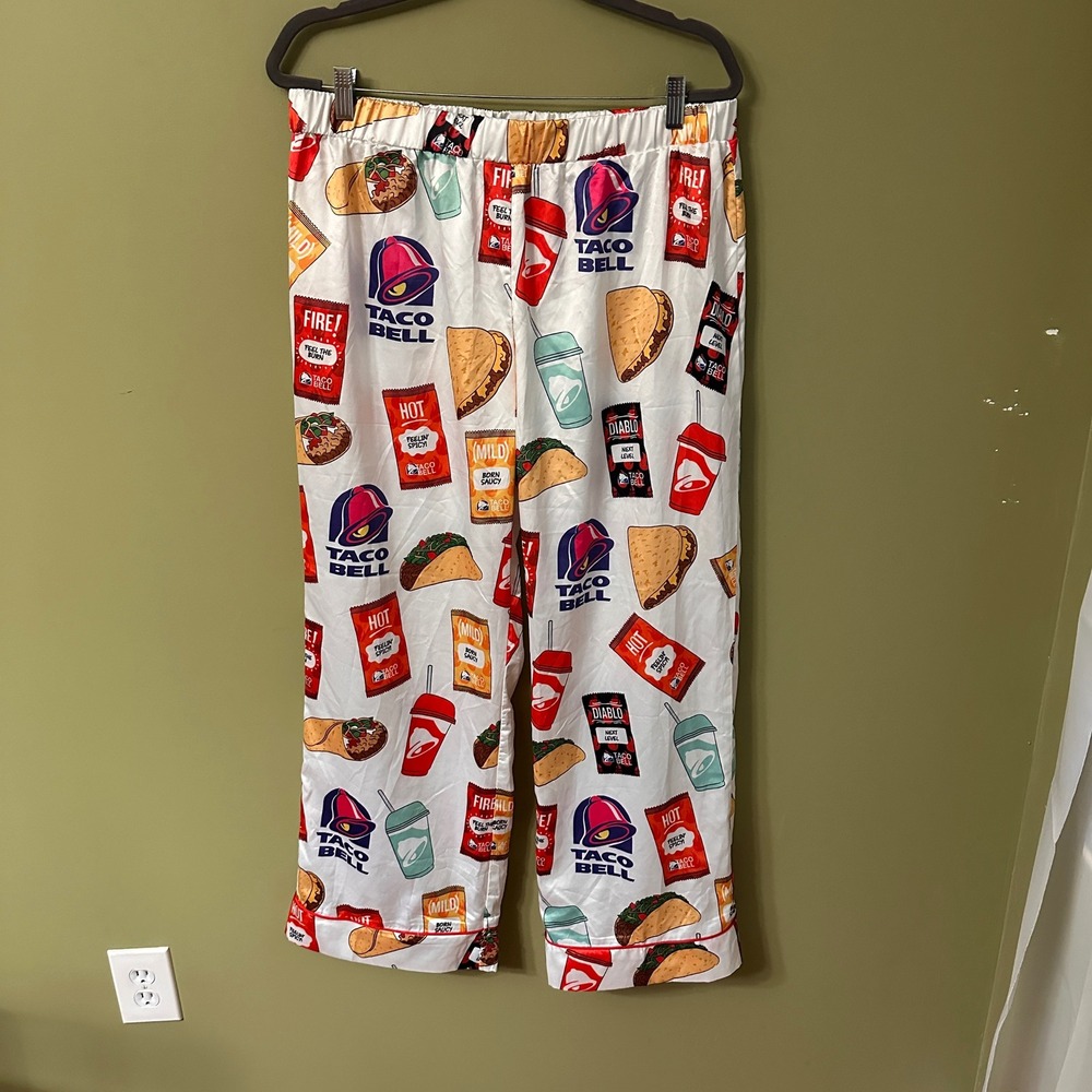 Sheshow Taco Bell All Over Print‎ Pajama Pants Women's XL White Satin Sleepwear